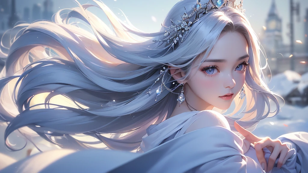 ((masterpiece:1.5、8k、Portraiture、フォトリアリスティックでVery detailedなCG、Very detailed、Particle Effects、Dynamic Effects、Shallow depth of field、Cinematic Light、Lens flare、Ray Tracing、Tabletop、Realistic:1.4、Ultra-high resolution:1.2、Realistic、Realistic))((alone、1 girl,A woman wearing a cashmere coat over an off-the-shoulder dress:1.4、Elegant woman posing、Detailed face、bright表情、young, bright, Whiter skin、Ample breasts、Best Looks、Ultimate beauty、Shiny silver hair with highlights、bright and shiny hair,、Super long, Silky straight hair、Hair dancing in the wind))(morning、The setting is outdoors in the snow、Surrounded by illuminations)Wear warm clothes