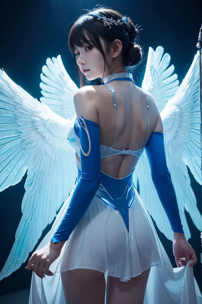 This image contains、It depicts a beautiful Japanese girl wearing a sci-fi-style outfit.。The costume is thin and transparent.、Small LED lights are embedded all over the body.、It emits a bright blue light。Similar lights are embedded in the face.、It exudes a futuristic and mysterious atmosphere.。She has transparent wings spread across her back.、Also, the lights are embedded、It's shining brightly。
The background is the city at night、The blurred lights make the beautiful girl stand out.。As a photographic technique、To emphasize the light on the subject、The technique used is to adjust the exposure and darken the background.。The composition of the vertical screen is、Showing the details of the whole body、It was chosen to accentuate her wings.。The light reflection and diffusion effects are used skillfully.、It creates a realistic and fantastical atmosphere.。
