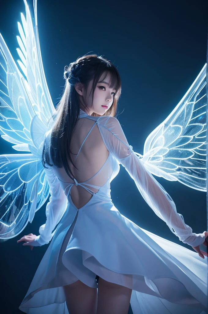 This image contains、It depicts a beautiful Japanese girl wearing a sci-fi-style outfit.。The costume is thin and transparent.、Small LED lights are embedded all over the body.、It emits a bright blue light。Similar lights are embedded in the face.、It exudes a futuristic and mysterious atmosphere.。She has transparent wings spread across her back.、Also, the lights are embedded、It's shining brightly。
The background is the city at night、The blurred lights make the beautiful girl stand out.。As a photographic technique、To emphasize the light on the subject、The technique used is to adjust the exposure and darken the background.。The composition of the vertical screen is、Showing the details of the whole body、It was chosen to accentuate her wings.。The light reflection and diffusion effects are used skillfully.、It creates a realistic and fantastical atmosphere.。