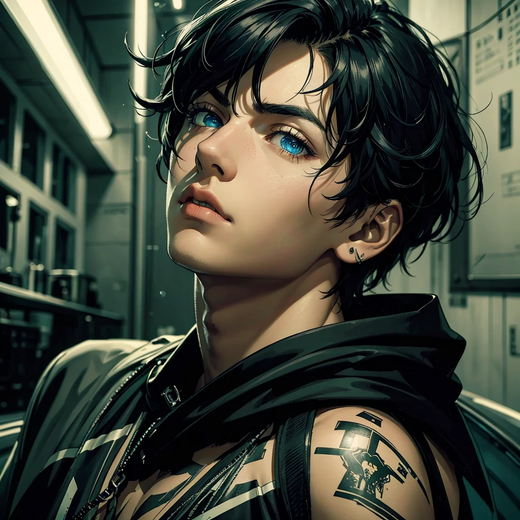 a serious young man with black hair, electric blue eyes, striking gaze, fair skin, wearing a sleeveless black shirt, abstract background with warm and gray tones, (best quality, 4k, 8k, highres, masterpiece:1.2), ultra-detailed, (realistic, photorealistic, photo-realistic:1.37), chiaroscuro lighting, dramatic contrast, cinematic composition, moodylighting, moody atmosphere