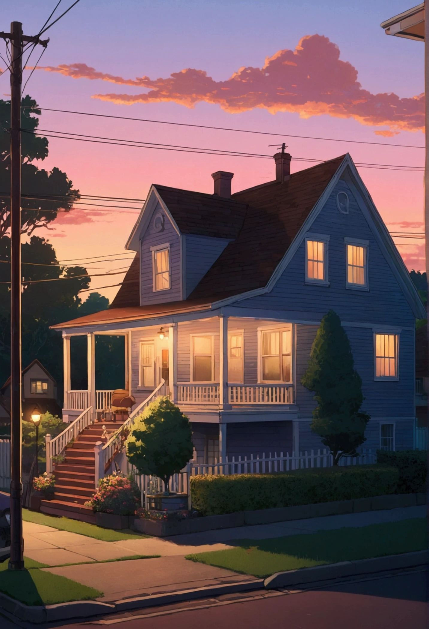 sleepy suburban street at twilight, with cozy houses, lit windows, and a figure sitting on a porch with a cup of coffee. The atmosphere is warm and inviting, estilo anime 2D, lo-fi