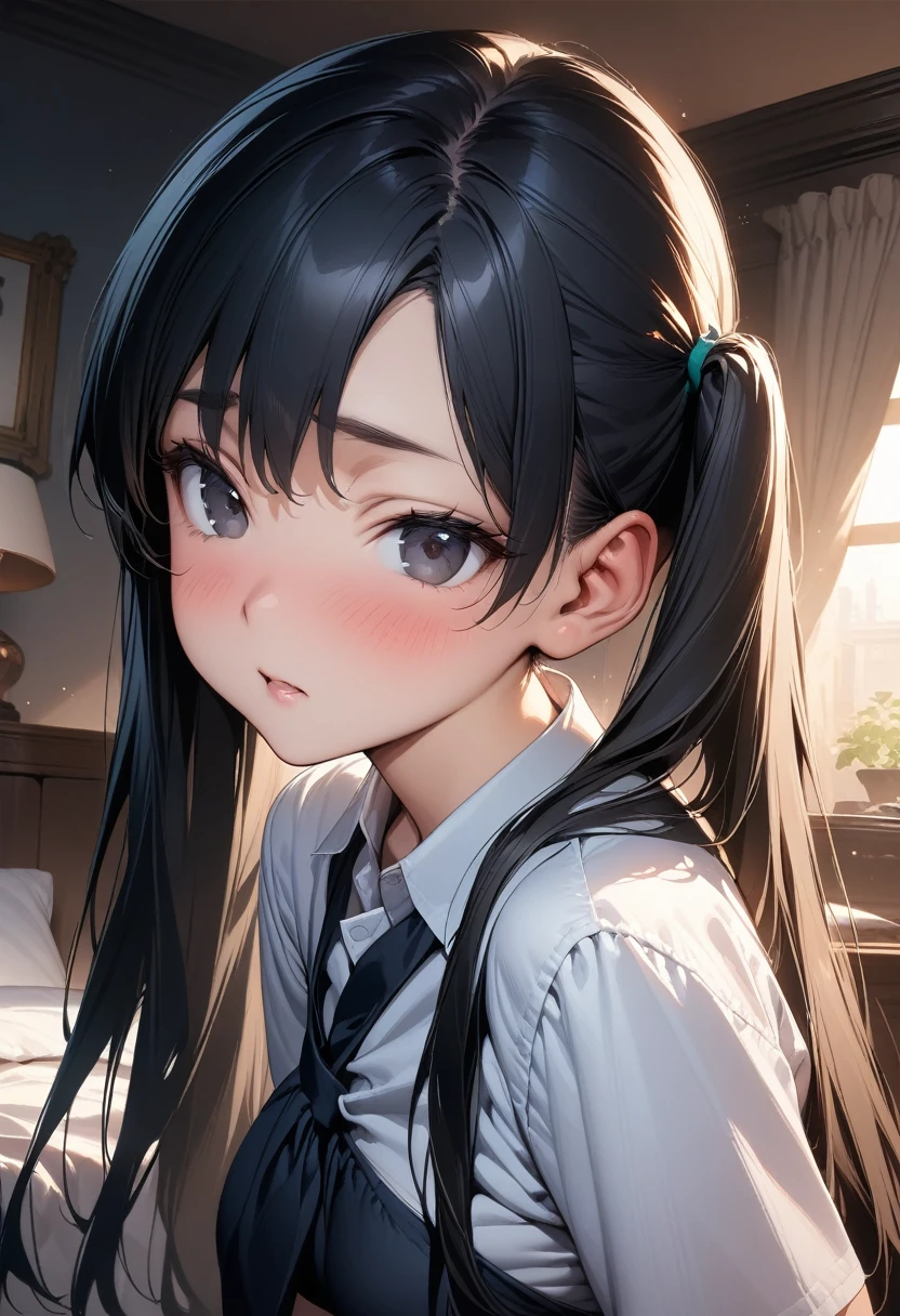 (masterpiece),(best quality),(ultra-detailed),(best illustration),black hair,long hair,twintails hair,black eyes,bed room,(small eyes),(slant eyes:1.2),tsurime,13years old,black schooluniform,big breasts,
