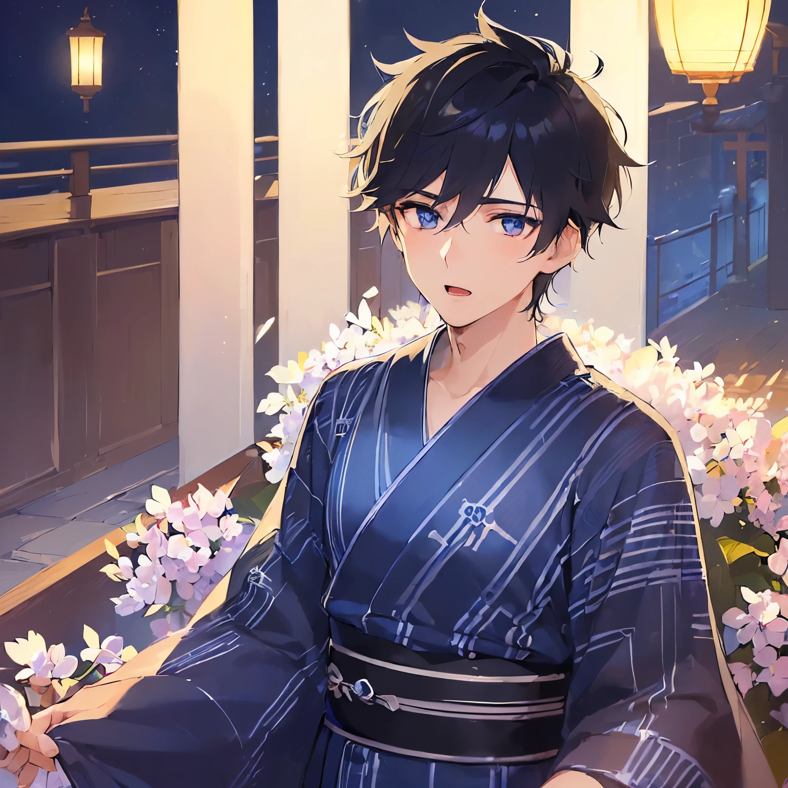 (25-year-old male:1.5) and(Black short hair) and (Blue eyes), (looking away:1.5), Shooting from below、
upper body, masterpiece、Highest quality、 (Blue) and (yukata),(wide eyes:1.5),（open mouth：1.5）,blush,The background is a Japanese-style corridor at night