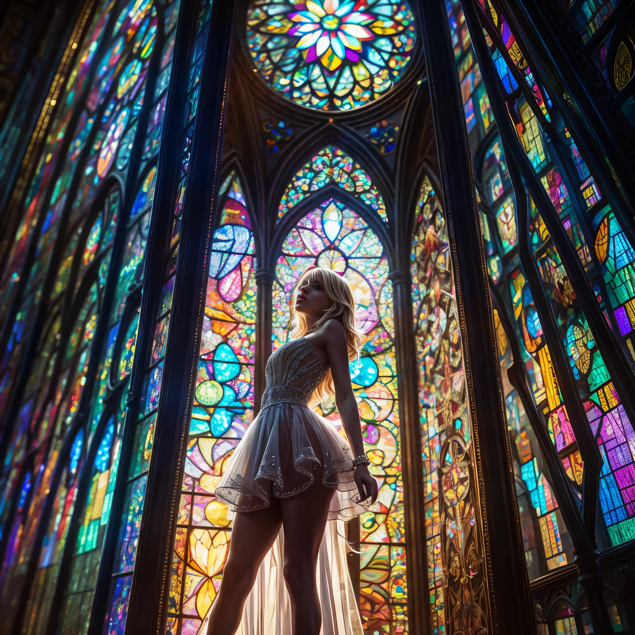  (Cathedral from below:1.28) (ZoomLayer) TopQuality 8K masterpiece of ((Professional photo)), (((Clarisse de Cagliostro))) (Detailed White WeddingDresses), Chain, (((Extremely detailed KAWAII face))) {((VeiledFace))|BlondeHair|(Elaborate BuleEyes)with(SparklingHighlights:1.28)}, The background is distant (((Elaborate stained glass))) Rainbow Glass, {(MysticSight)|EnchantingAtmosphere|Haze|(GodRays)|TyndallEffect}, Radiant PearlSkin with Transparency, (Exposed:0.39)