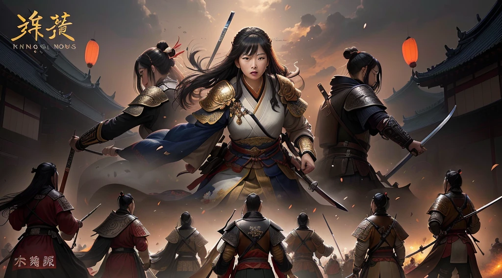 There are many people fighting with swords in the painting, from Three Kingdomss, chinese Three Kingdomss, 《Medal of Honor》Character Concept Art, author：Ni Yuanlu, author：Yang J, Beautiful rendering of the Tang Dynasty, G Liulian art style, Three Kingdomss, Background of the Invading Army, Invasion background, Three Kingdoms, age of empires, Traditional Japanese concept art, siege