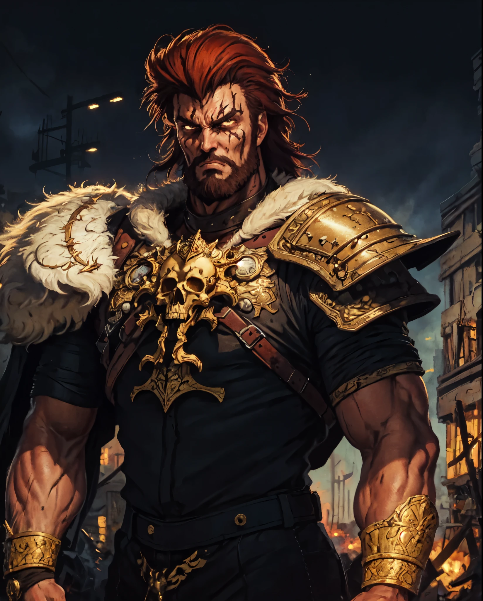 (masterpiece:1.2, best quality:1.2, extremely delicate:1.2), ((male:1.5)), a man with disheveled long orange and red hair, (no eyebrows:1.2), deep-set eyes, (a long scar on the right side of his face:1.2), rough features, (a full beard:1.2), a dissatisfied expression, a tall and muscular build, a post-apocalyptic fantasy-style wilderness coat with no sleeves, fur around his shoulders and neck, a half-damaged monster skull hanging in the middle of his chest, has spiked shoulder guards, revealing his muscular abs, stands in a post-apocalyptic fantasy-style desolate town, this character embodies a finely crafted post-apocalyptic fantasy-style overlord in anime style, exquisite and mature manga art style, dramatic, high definition, highres, ultra-detailed, ultra-fine painting, professional, perfect body proportions, golden ratio, anatomically correct, symmetrical face, extremely detailed eyes and face, high quality eyes, creativity, RAW photo, UHD, 32k, Natural light, cinematic lighting, masterpiece-anatomy-perfect