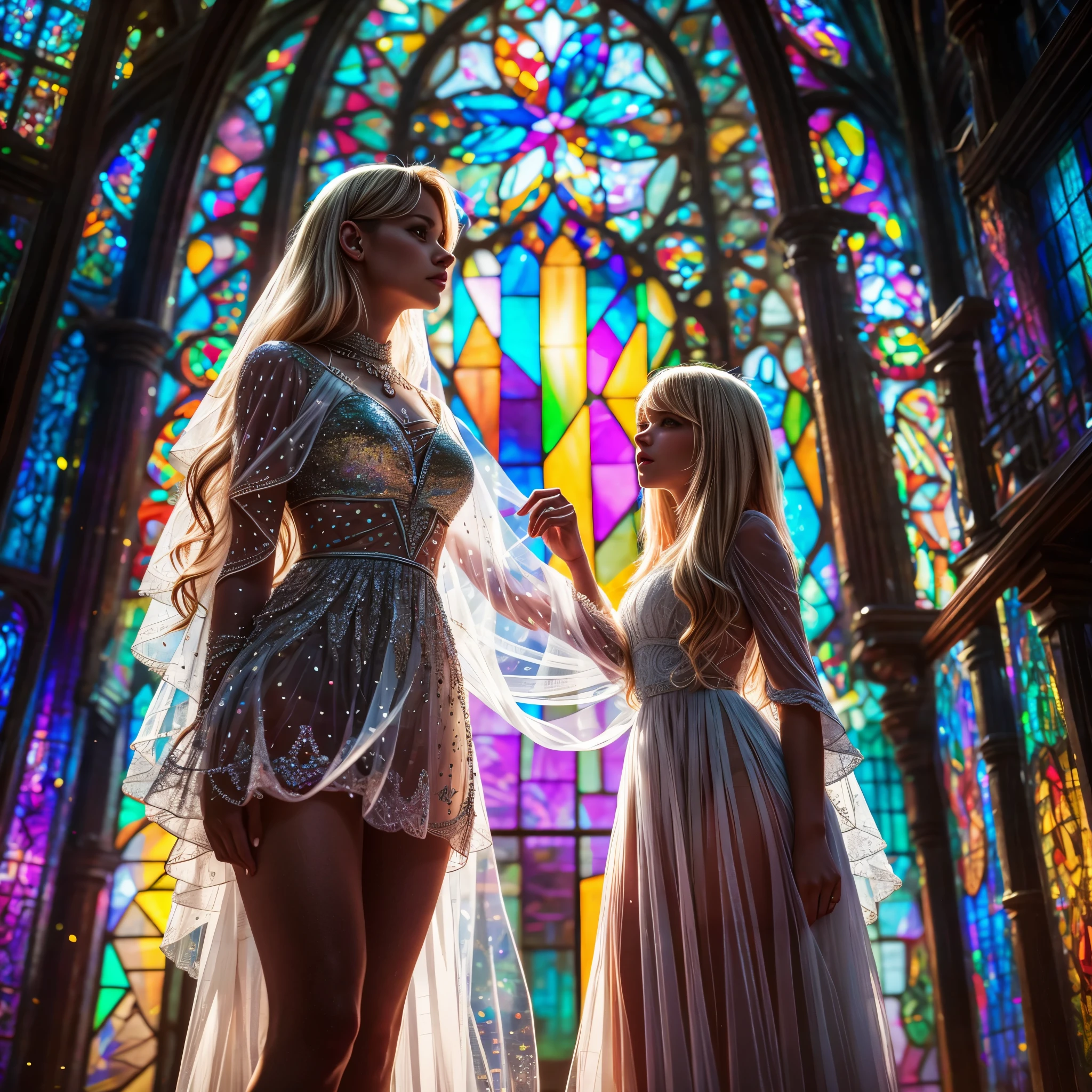  (Cathedral from below:1.28) (ZoomLayer) TopQuality 8K masterpiece of ((Professional photo)), (((Clarisse de Cagliostro))) (Detailed White WeddingDresses), Chain, (((Extremely detailed KAWAII face))) {((VeiledFace))|BlondeHair|(Elaborate BuleEyes)with(SparklingHighlights:1.28)}, The background is distant (((Elaborate stained glass))) Rainbow Glass, {(MysticSight)|EnchantingAtmosphere|Haze|(GodRays)|TyndallEffect}, Radiant PearlSkin with Transparency, (Exposed:0.39)