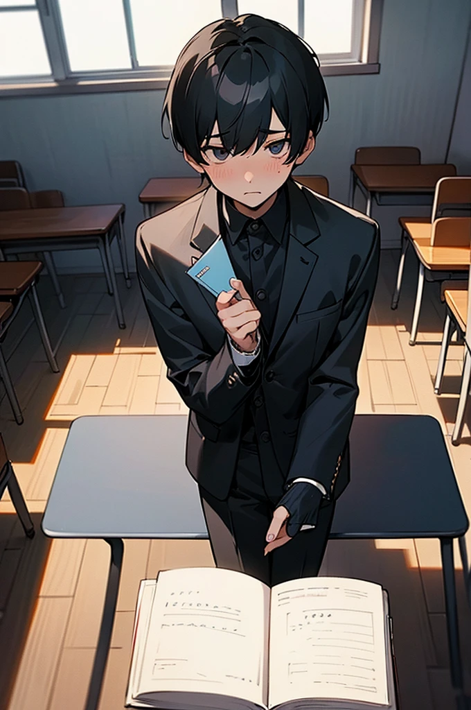 He is a boy of about ten years old.、Black short hair、Looking down、Embarrassed expression、White shirt、Black suit pants、I also wear a cardigan、The background is the classroom、Window、Dark Eyes、Sitting on a chair、In front of me is a desk、There are notebooks and pens on the desk、Top view