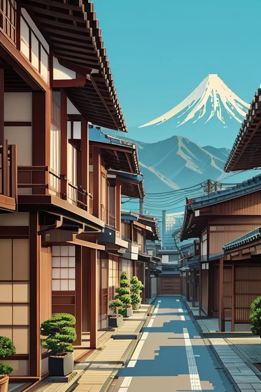 neighborhood of old Japanese style houses, pixel art