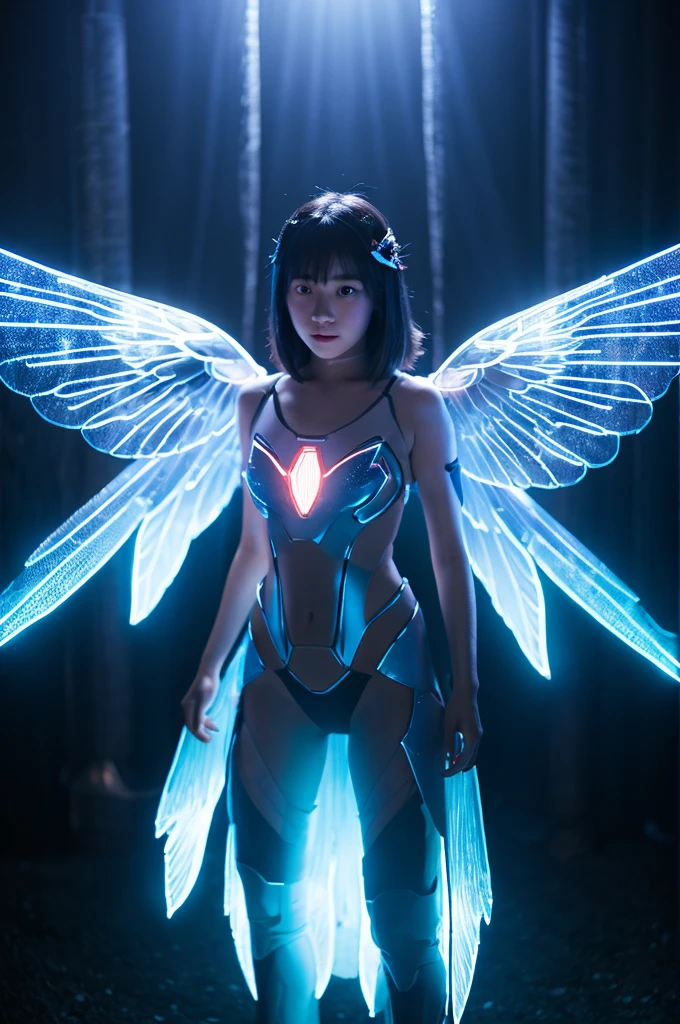 This image contains、It depicts a beautiful Japanese girl wearing a sci-fi-style outfit.。The costume is thin and transparent.、Small LED lights are embedded all over the body.、It emits a bright blue light。Similar lights are embedded in the face.、It exudes a futuristic and mysterious atmosphere.。She has transparent wings spread across her back.、Also, the lights are embedded、It&#39;s shining brightly。

The background is the city at night、The blurred lights make the beautiful girl stand out.。As a photographic technique、To emphasize the light on the subject、The technique used is to adjust the exposure and darken the background.。The composition of the vertical screen is、Showing the details of the whole body、It was chosen to accentuate her wings.。The light reflection and diffusion effects are used skillfully.、It creates a realistic and fantastical atmosphere.。