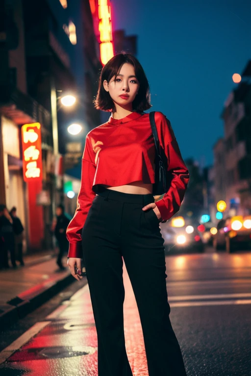 (Cinematic Aesthetic:1.4) Photo of a beautiful korean fashion model bokeh city night
Black pant and red shirt