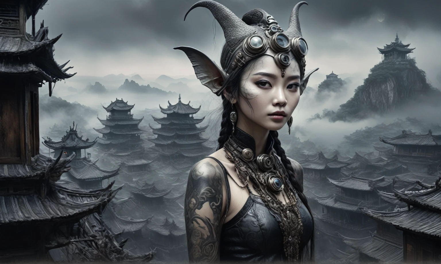 graphite old witch after a psychiatric clinic,winter,intricate landscape,slate grey atmosphere,film grain,,faded,snake eyes extremely detailed, high detailed eyes,16k resolution,RAW, Nikon Z9,full-body-shot,view from height,vampire,native african,jealous,another world,ring of truth,French Braid with a Twist,view from height,once pretty face,eyebrow up,full body shot,ominous landscape,glate gray atmosphere,by art Simon Stalenhag,Nicola Samori,(((Wangechi Mutu))),full body shot,beggar deep niobium paladium The Alien Entity,Technicolor,natural skin textures, hyper realism, hyper detailed,Extremely detailed,High contrast,Masterpiece,Realistic,Ultra Detailed, intricate details,realistic humid leather,extremly intricate,Epic Realistic, cinematic style,irina yermolova,high contrast,hdr,extremely detailed, deep night landscape,masterpiece,intricate details,faded,eyes extremely detailed, high detailed eyes,8k resolution,RAW,retina, Nikon Z9,China,baby orc, Guangxi Zhuang of China,tkt style,ears perfect, Elf,transition between two art styles, Ink painting to photorealism, Double contact, X-ray, Creative, vivid light, masterpiece, fantasy, Abstract, Surrealism, super detailed, high resolution, stop:35;(((creature with a spectral and ghostly appearance)). Her skin is pale, almost translucent,ancient rock paintings of the first people,sharkfish's leather,In a vibrant and mesmerizing artwork, a hot air soars through the layers of clouds, revealing a colossal and enigmatic cityscape nestled within. The buildings in this ethereal city are adorned with intricate details and exude an aura of mystery. Above the cityscape, lend an enchanting touch to the scene. steampunk. The intricate mechanics create a sense of wonder and fascination, as if stepping into a dreamlike realism