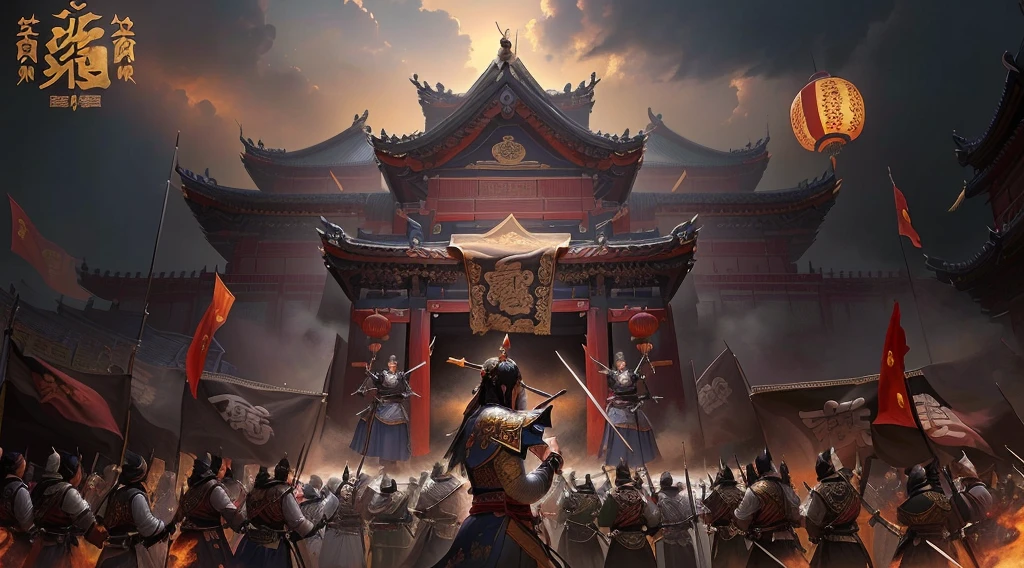 There are many people fighting with swords in the painting, from Three Kingdomss, chinese Three Kingdomss, author:Ni Yuanlu, author:Yang J, Beautiful rendering of the Tang Dynasty, G Liulian art style, Three Kingdomss, Background of the Invading Army, Invasion background, Three Kingdoms, age of empires, Traditional Chinese Concept Art, siege