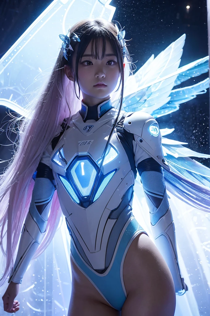 This image contains、It depicts a beautiful Japanese girl wearing a sci-fi-style outfit.。The costume is thin and transparent.、Small LED lights are embedded all over the body.、It emits a bright blue light。Similar lights are embedded in the face.、It exudes a futuristic and mysterious atmosphere.。She has transparent wings spread across her back.、Also, the lights are embedded、It&#39;s shining brightly。

The background is the city at night、The blurred lights make the beautiful girl stand out.。As a photographic technique、To emphasize the light on the subject、The technique used is to adjust the exposure and darken the background.。The composition of the vertical screen is、Showing the details of the whole body、It was chosen to accentuate her wings.。The light reflection and diffusion effects are used skillfully.、It creates a realistic and fantastical atmosphere.。