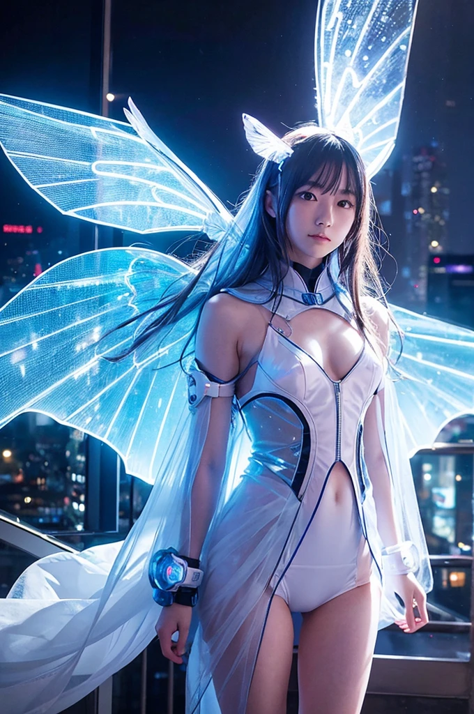 This image contains、It depicts a beautiful Japanese girl wearing a sci-fi-style outfit.。The costume is thin and transparent.、Small LED lights are embedded all over the body.、It emits a bright blue light。Similar lights are embedded in the face.、It exudes a futuristic and mysterious atmosphere.。She has transparent wings spread across her back.、Also, the lights are embedded、It&#39;s shining brightly。

The background is the city at night、The blurred lights make the beautiful girl stand out.。As a photographic technique、To emphasize the light on the subject、The technique used is to adjust the exposure and darken the background.。The composition of the vertical screen is、Showing the details of the whole body、It was chosen to accentuate her wings.。The light reflection and diffusion effects are used skillfully.、It creates a realistic and fantastical atmosphere.。