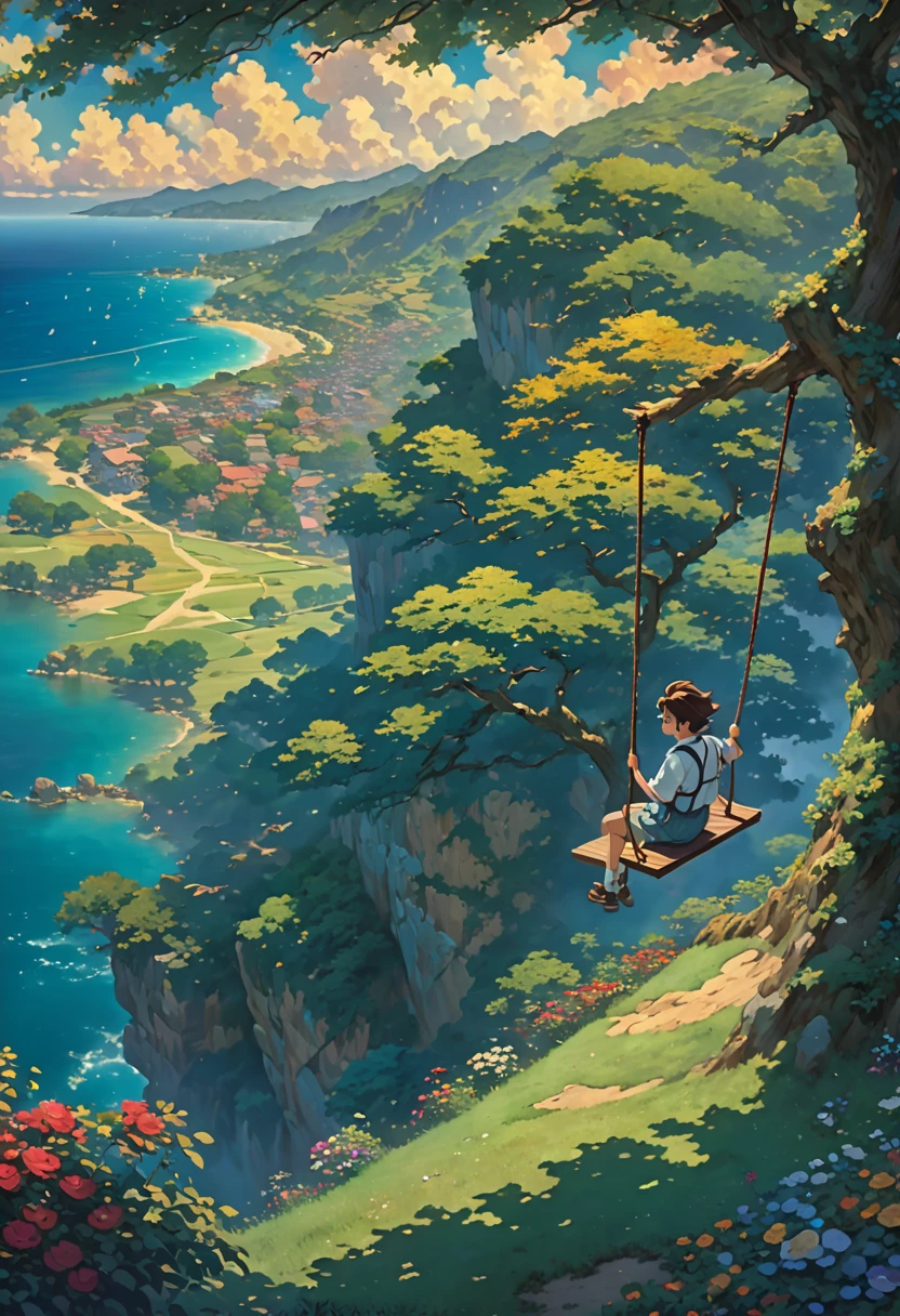 Study ghibli solitario  acantilado     Verano　campo  hiervas  nubes　anime landscape of a boy on a swing on a tree, shadows of the tree, on a hinkai cliff, beautiful anime scene, dreamy, majestic, 4k anime wallpaper, incredible miyazaki, thomas kinkade matte 4k, art by Aries Moross.niño HD 8K
