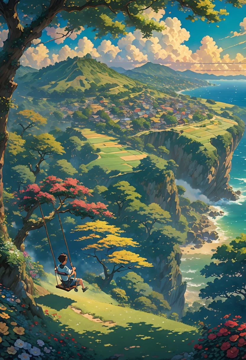 Study ghibli solitario acantilado Verano campo hiervas nubes anime landscape of a boy on a swing on a tree, shadows of the tree, on a hinkai cliff, beautiful anime scene, dreamy, majestic, 4k anime wallpaper, incredible miyazaki, thomas kinkade matte 4k, art by Aries Moross.niño HD 8K
