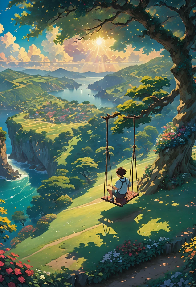 Study ghibli solitario  acantilado     Verano　campo  hiervas  nubes　anime landscape of a boy on a swing on a tree, shadows of the tree, on a hinkai cliff, beautiful anime scene, dreamy, majestic, 4k anime wallpaper, incredible miyazaki, thomas kinkade matte 4k, art by Aries Moross.niño HD 8K
