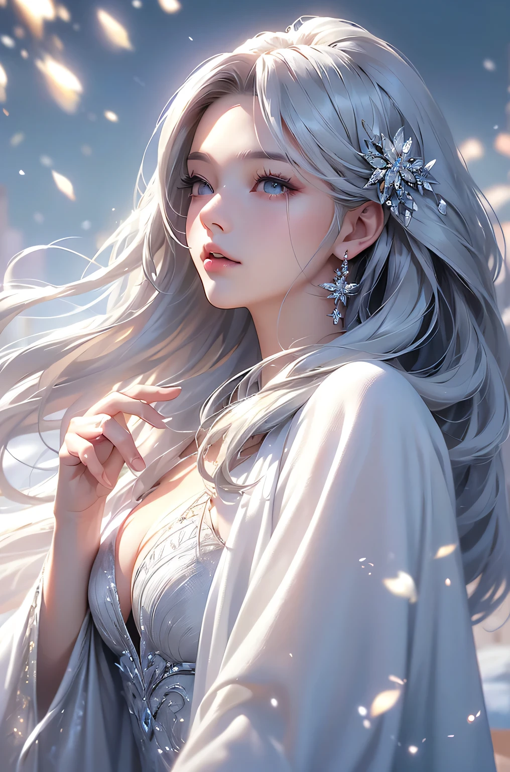 ((masterpiece:1.5、8k、Portraiture、Photorealistic and very detailed CG、Very detailed、Particle Effects、Dynamic Effects、Shallow depth of field、Cinematic Light、Lens flare、Ray Tracing、Tabletop、Realistic:1.4、Ultra-high resolution:1.2、Realistic、Realistic))((alone、Woman wearing a cashmere coat:1.4、Elegant woman posing、Detailed face、brightexpression、young, bright, Whiter skin、small breasts、Beautiful cleavage、Best Looks、Ultimate beauty、Shiny silver hair with highlights、bright and shiny hair,、Super long, Silky straight hair、Hair dancing in the wind))(morning、The setting is outdoors in the snow、Surrounded by illuminations)
