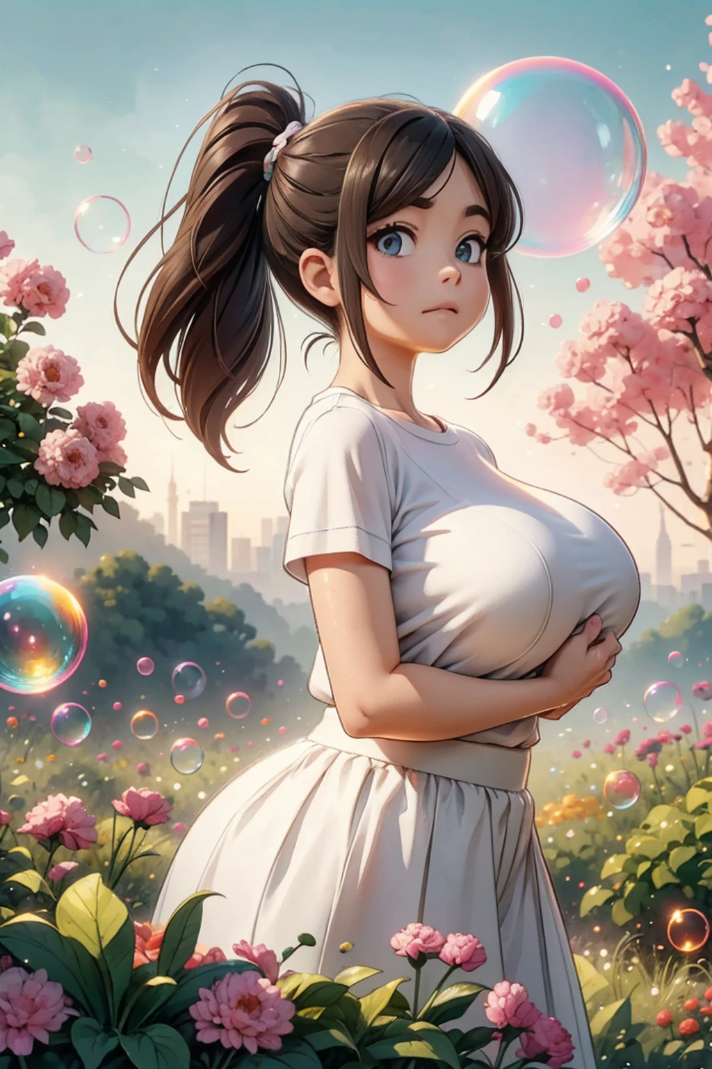 super gigantic breasts、Very large breasts、Standing posture、The whole body is visible、Beautiful Face、Big eyes、Long skirt、Huge chest、Cute face、Wink、Thick lips、Sexy pose、Masterpiece、Real Anime、Anime Style、Brown ponytail、fantastic garden、field、Beautiful views、Spectacular views、Soap bubble、The city seen in the distance、Distant view of the city