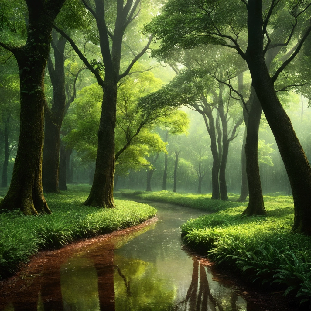 best quality,4k,8k,highres,masterpiece:1.2,ultra-detailed,realistic:1.37,tree forest,rainy weather,vibrant,refreshing,beautiful scenery,serene atmosphere,lush greenery,shimmering leaves,dancing raindrops,soothing sound,tranquil ambiance,ethereal lighting,misty atmosphere,immersive experience,nature's symphony,perfect harmony,breathtaking view,majestic trees,dynamic composition,wet ground,moist air,refreshing smell of rain,invigorating energy,peaceful escape,whispering wind,soft droplets,magical ambiance,rays of sunlight piercing through the clouds,photo-realistic rendering,stunning reflections,motion blur,dramatic contrast,vivid colors,pure serenity.