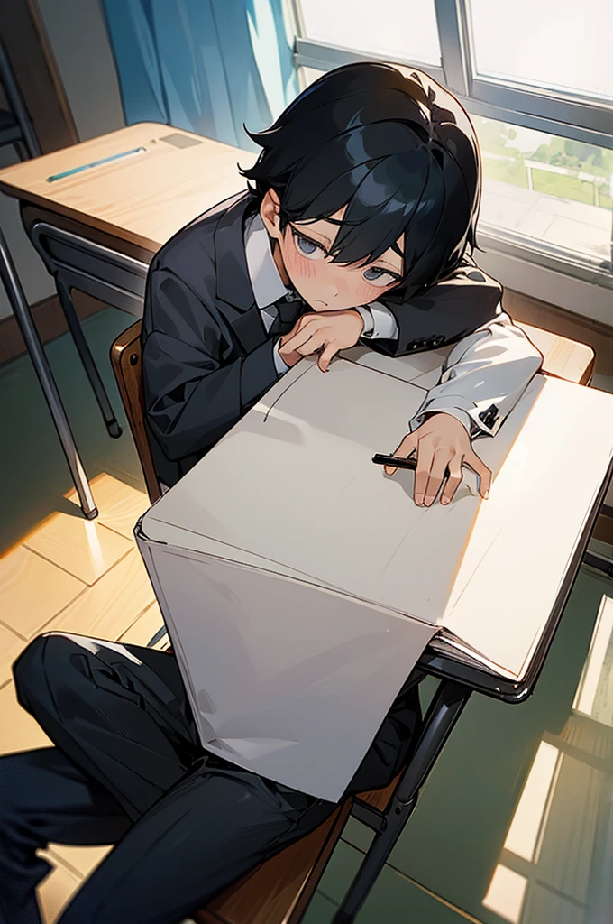 He is a boy of about ten years old.、Black Hair、Looking down、Embarrassed expression、White shirt、Black suit pants、I also wear a cardigan、The background is the classroom、Window、Dark Eyes、Sitting on a chair、In front of me is a desk、There are notebooks and pens on the desk、Top view