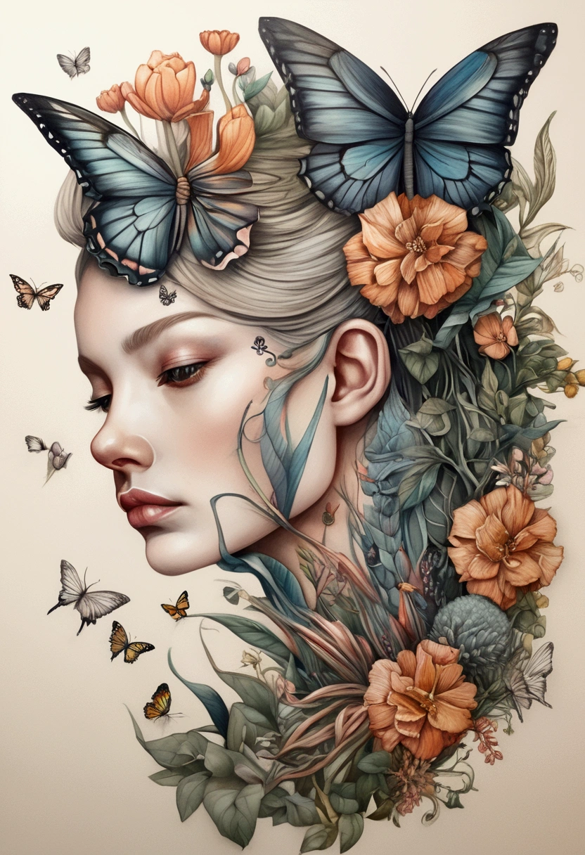 Colored lead painting simple illustration:Inspired by Marco Mazzoni,Profile portrait - head up,bird、Butterfly、Plants and flowers。