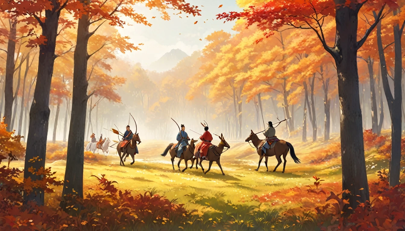 a forest in autumn with red and yellow leaves, a meadow next to the border of the forest, two people wearing hanfu riding horses, using bow and arrow hunting deers and rabbits