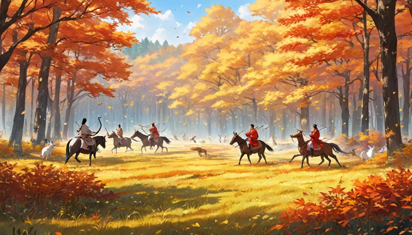 a forest in autumn with red and yellow leaves, a meadow next to the border of the forest, two people wearing hanfu riding horses, using bow and arrow hunting deers and rabbits