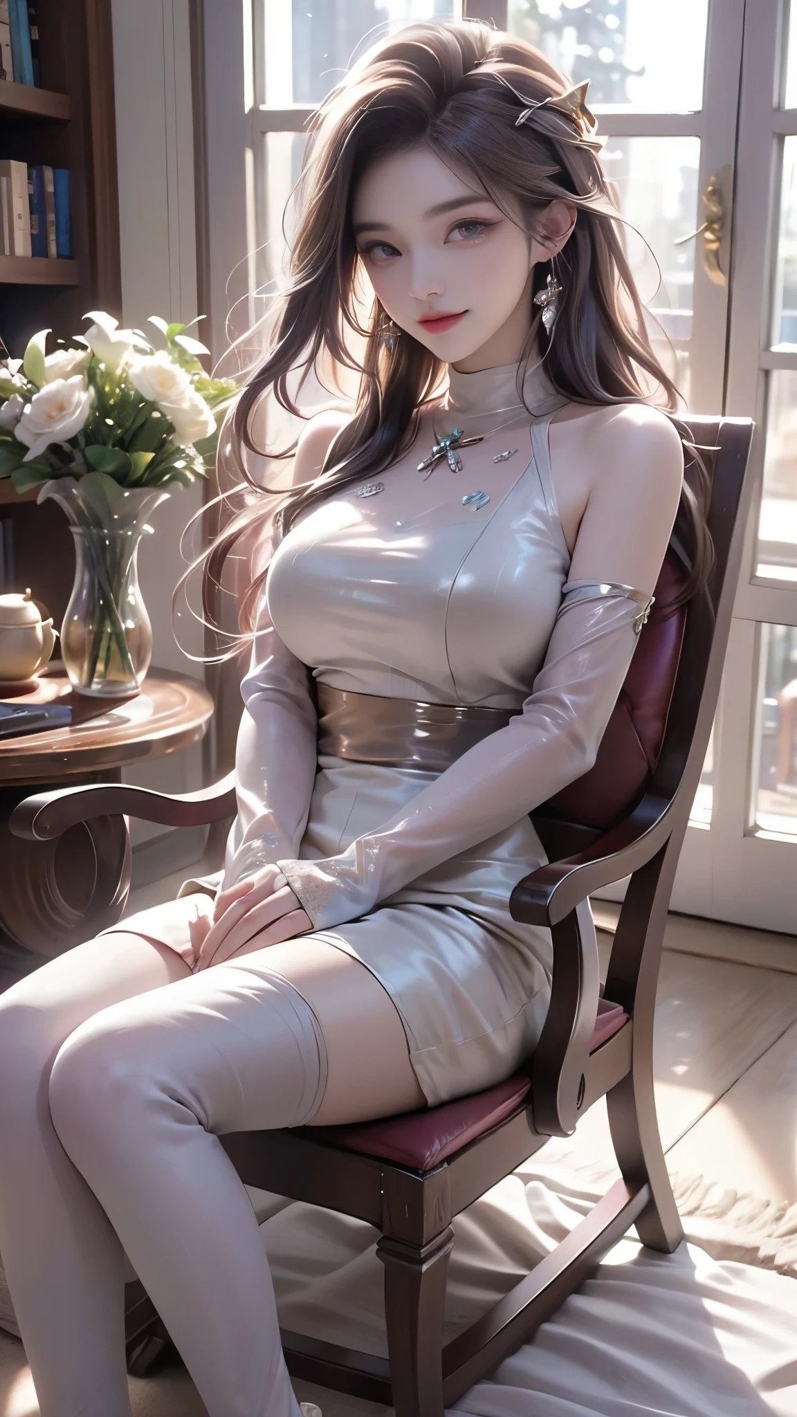 A beautiful woman sitting gracefully, realistic style, detailed and rich textures. She has long, flowing hair, expressive eyes, and a warm smile. She is sitting on a vintage armchair, surrounded by a cozy, well-decorated room with soft lighting. The background includes a bookshelf filled with books, a vase with fresh flowers, and a window showing a serene garden outside. Her posture is relaxed, with one leg crossed over the other and her hands gently resting on her lap. The scene is bathed in natural light, highlighting the fine details of her features and the surrounding environment. Anatomically correct