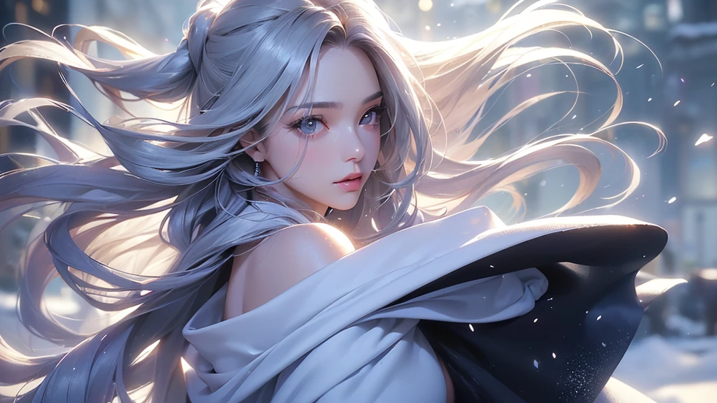((masterpiece:1.5、8k、Portraiture、フォトリアリスティックでVery detailedなCG、Very detailed、Particle Effects、Dynamic Effects、Shallow depth of field、Cinematic Light、Lens flare、Ray Tracing、Tabletop、Realistic:1.4、Ultra-high resolution:1.2、Realistic、Realistic))((alone、1 girl,A woman wearing a cashmere coat over an off-the-shoulder dress:1.4、Elegant woman posing、Detailed face、bright表情、young, bright, Whiter skin、Ample breasts、Best Looks、Ultimate beauty、Shiny silver hair with highlights、bright and shiny hair,、Super long, Silky straight hair、Hair dancing in the wind))(morning、The setting is outdoors in the snow、Surrounded by illuminations)Wear warm clothes
