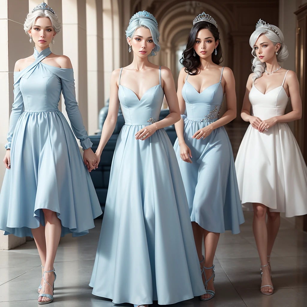 light blue dress (PANTONE 14-4318 Arctic Blue)**
- **Description:** A light blue short length dress, with boat neckline and full skirt.
- **Accessories:** Pearl earrings and a silver tiara.
- **Shoes:** Silver low heel sandals.
- **Sensation:** Light blue is fresh and delicate, perfect for a romantic and feminine look.
These looks are ideal for occasions that require elegance and sophistication., highlighting natural beauty through minimalist cuts and cold colors that highlight femininity and strength.
