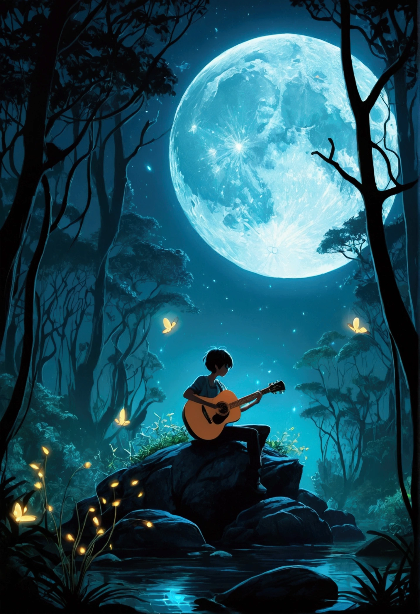 A mystical forest scene at night, with bioluminescent plants and a glowing moon. A figure is sitting on a rock, playing a guitar, surrounded by fireflies and magical creatures, estilo anime 2D, lo-fi