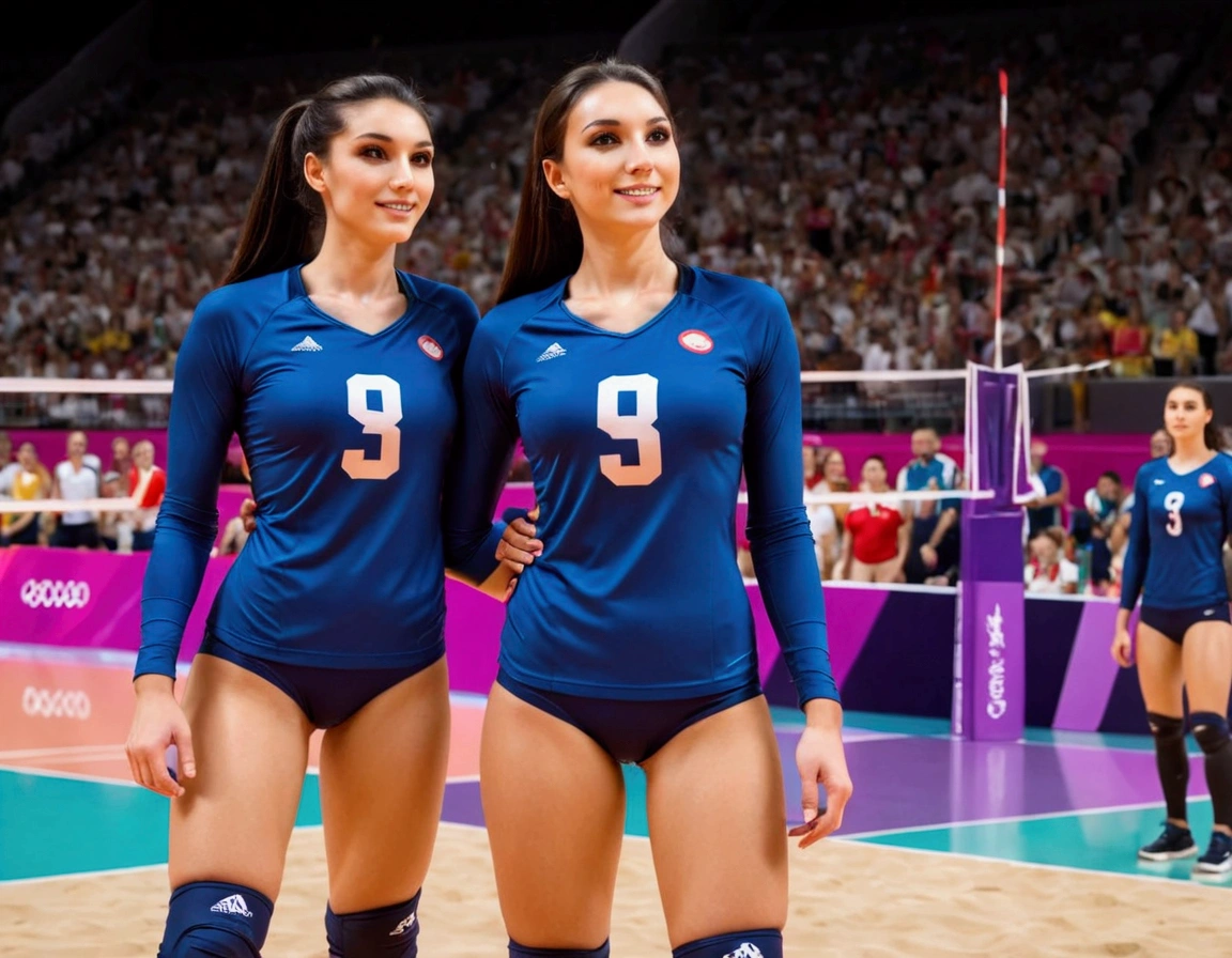 Olympic Volleyball team (cute women, 2 piece Olympic sports outfits, 1 volleyball) playing volleyball (1 ball) in an arena
