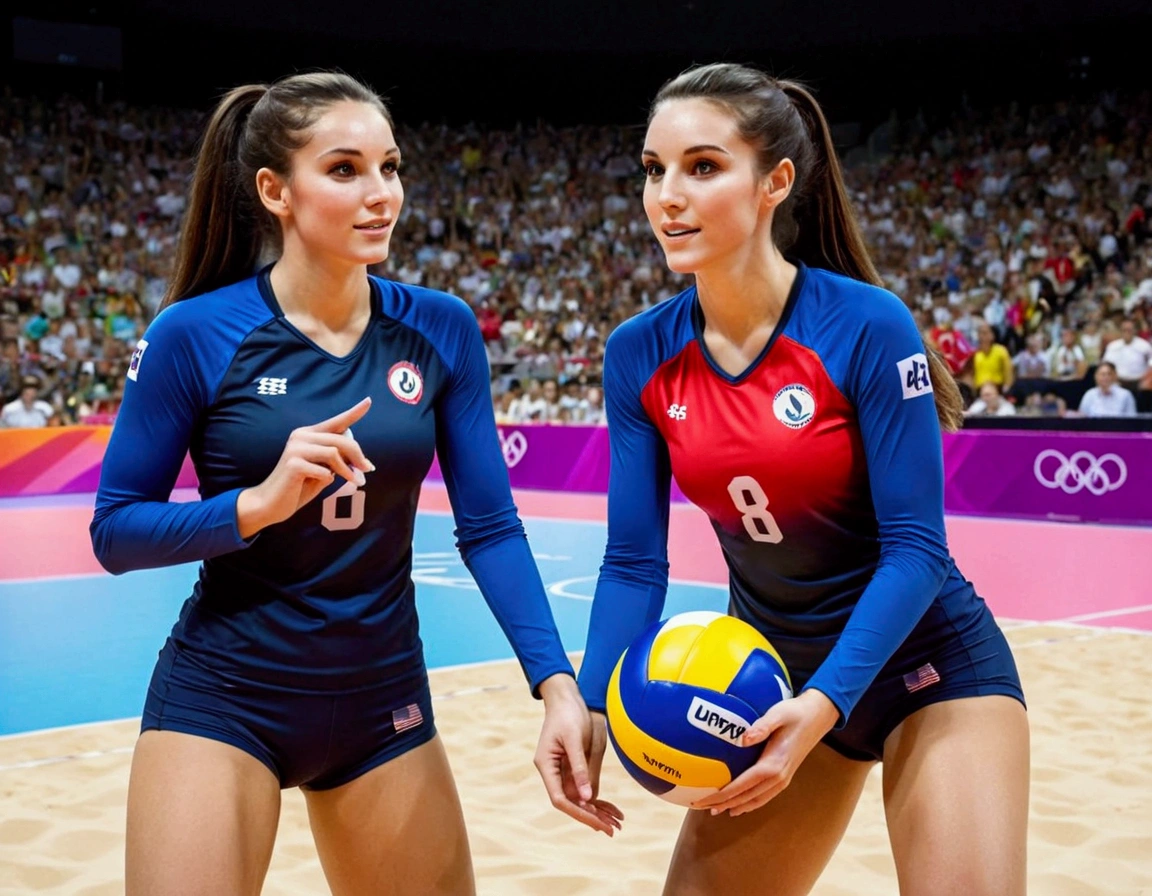 Olympic Volleyball team (cute women, 2 piece Olympic sports outfits, 1 volleyball) playing volleyball (1 ball) in an arena