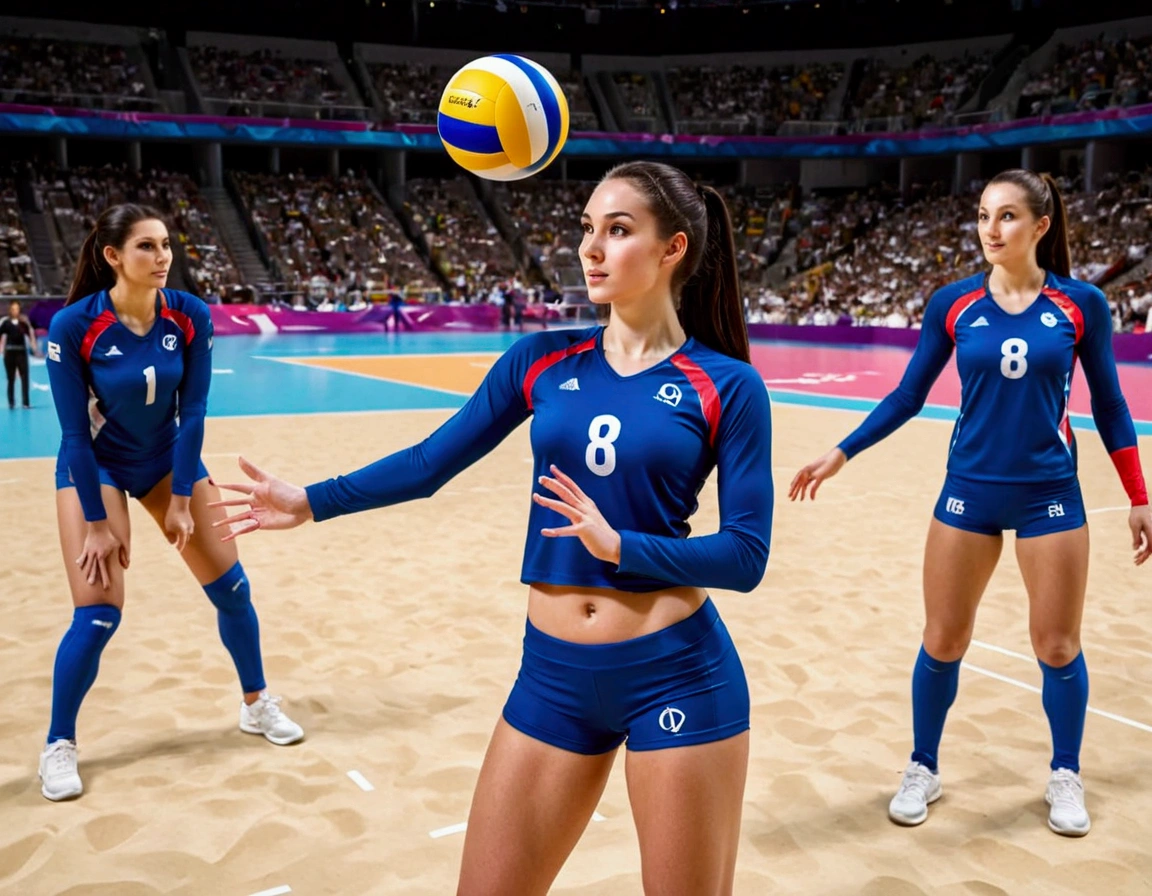 Olympic Volleyball team (cute women, 2 piece Olympic sports outfits, 1 volleyball) playing volleyball (1 ball) in an arena