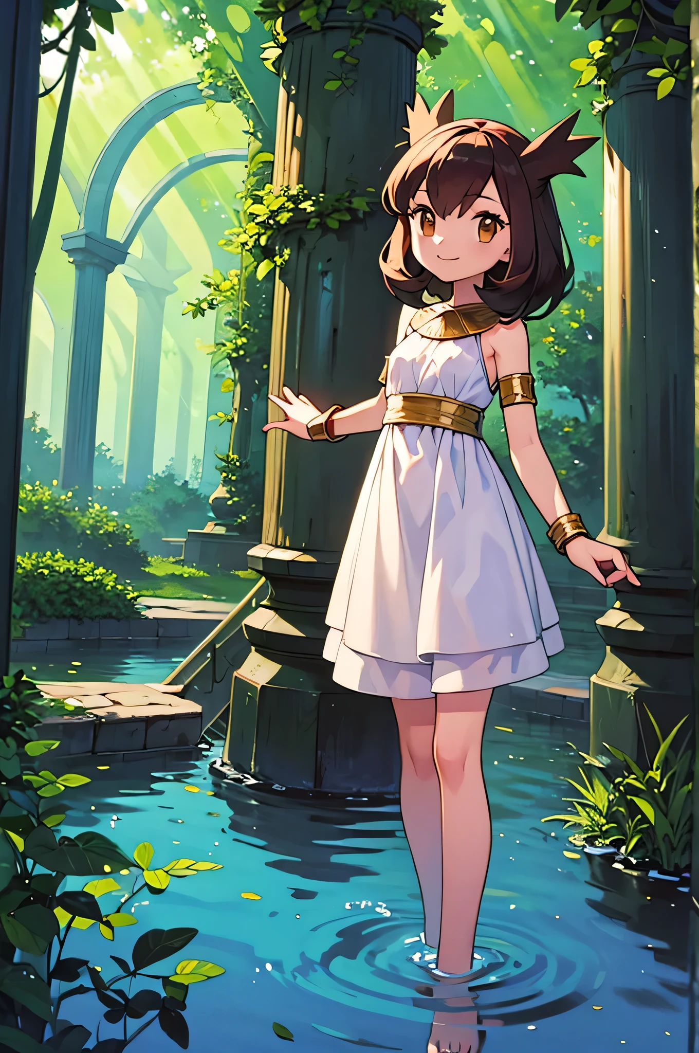 masterpiece, best quality, ultra-detailed, illustration, beautiful detailed eyes, very detailed illustration, cinematic lighting, 1 girl, solo, Pokemon Heroes (Bianca), Brown Hair, brown eyes, bare shoulders, greek clothes, peplos, armlet, pillar, standing near a lake, forest, column, overgrown, vines, blue sky, arms behind back, smile, Close up, looking at viewers, far from the bottom