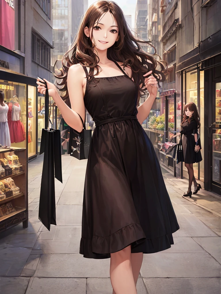 (Highest quality、8k、32K、masterpiece)、(Realistic)、(Realistic:1.2)、(High resolution)、Very detailed、Very beautiful face and eyes、(((Women's Solo Shot)))、Tight waist、(Highest quality、Attention to detail、Rich skin detail)、(Highest quality、8k、Oil paints:1.2)、(Realistic、Realistic:1.37)、Bright colors、(((Full Body Shot)))、(((Perm Hair)))、(((Long Hair)))、(((smileです)))、(((smile)))、(((Brown Hair)))、(((Checked dress)))、(((Pink and black one piece)))、(((City streets)))、(((Do some shopping)))、((I'm stroking my chin))