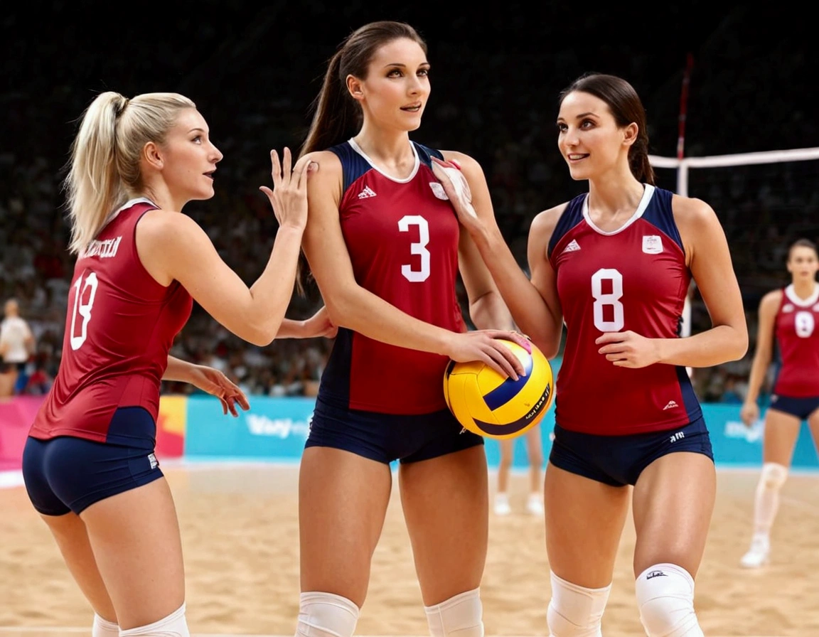 Olympic Volleyball team (cute women, 2 piece Olympic sports outfits, 1 volleyball) playing volleyball (1 ball) in an arena