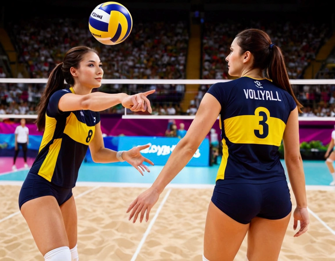 Olympic Volleyball team (cute women, 2 piece Olympic sports outfits, 1 volleyball) playing volleyball (1 ball) in an arena
