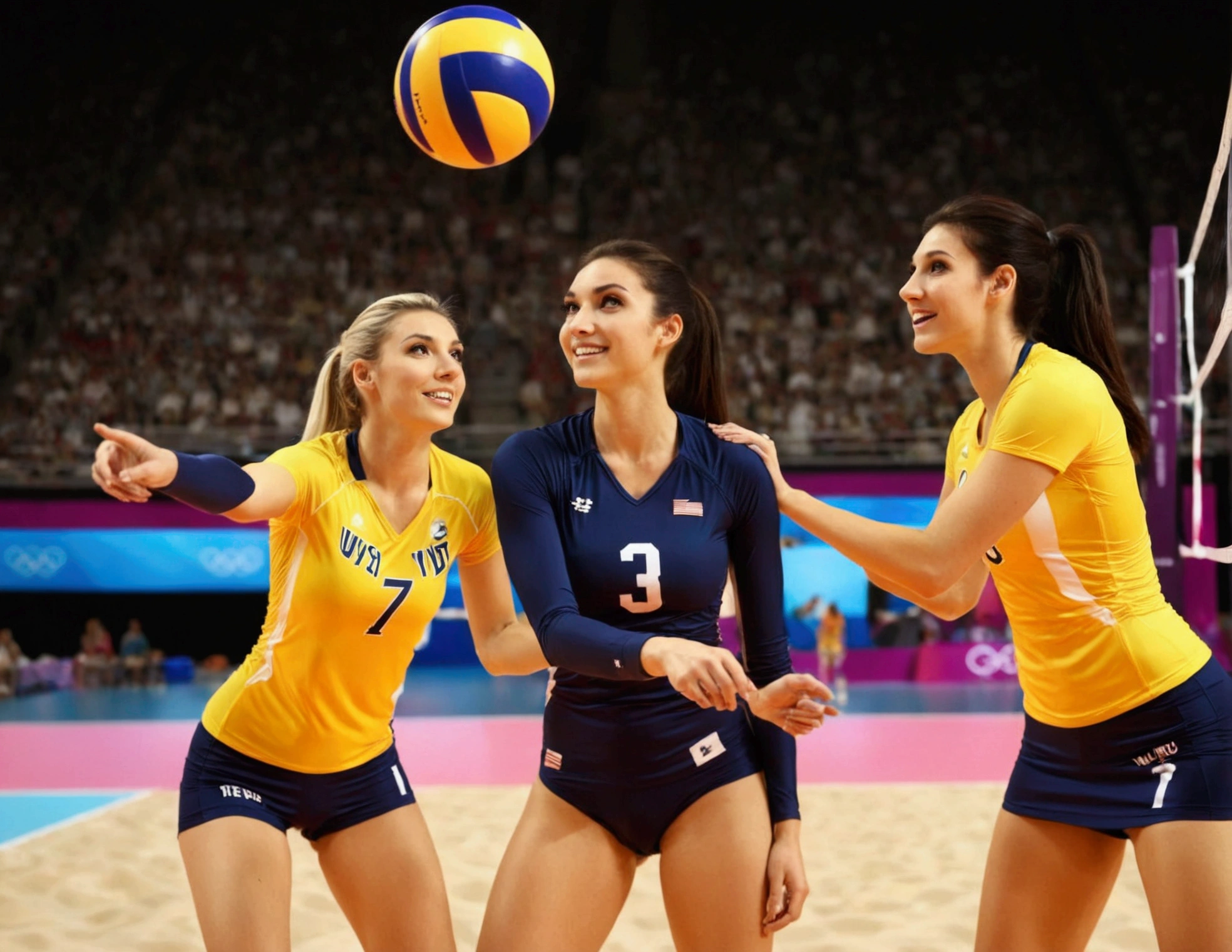 Olympic Volleyball team (cute women, 2 piece Olympic sports outfits, 1 volleyball) playing volleyball (1 ball) in an arena
