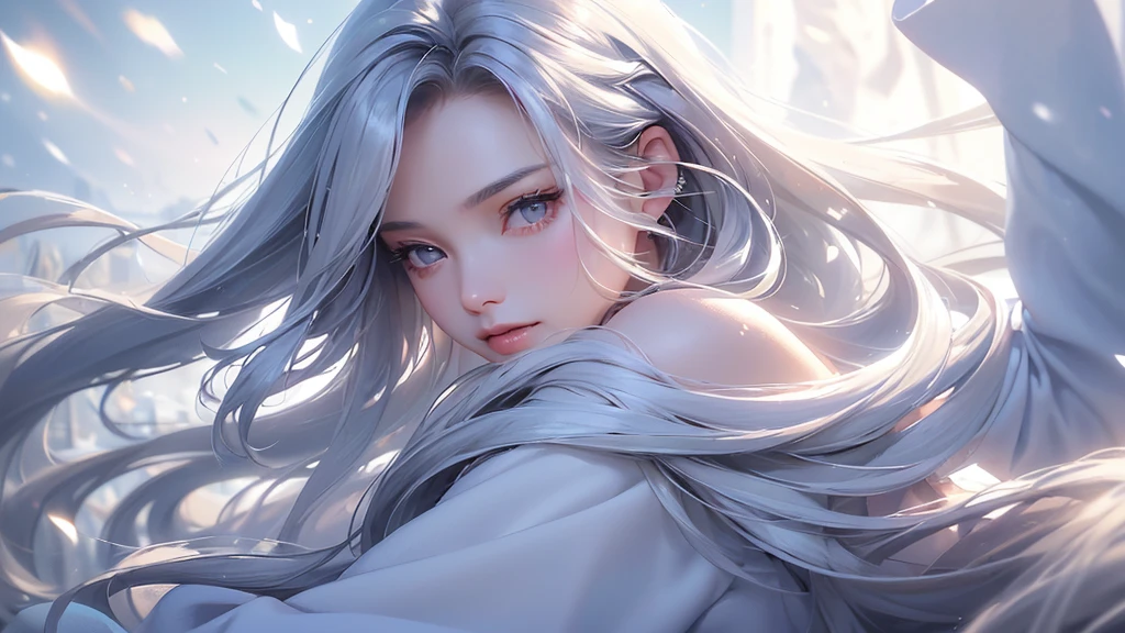 ((masterpiece:1.5、8k、Portraiture、フォトリアリスティックでVery detailedなCG、Very detailed、Particle Effects、Dynamic Effects、Shallow depth of field、Cinematic Light、Lens flare、Ray Tracing、Tabletop、Realistic:1.4、Ultra-high resolution:1.2、Realistic、Realistic))((alone、1 girl,A woman wearing a cashmere coat over an off-the-shoulder dress:1.4、Elegant woman posing、Look Up、Detailed face、bright表情、young, bright, Whiter skin、Ample breasts、Best Looks、Ultimate beauty、Shiny silver hair with highlights、bright and shiny hair,、Super long, Silky straight hair、Hair dancing in the wind))(morning、The setting is outdoors in the snow、Surrounded by illuminations)Wear warm clothes