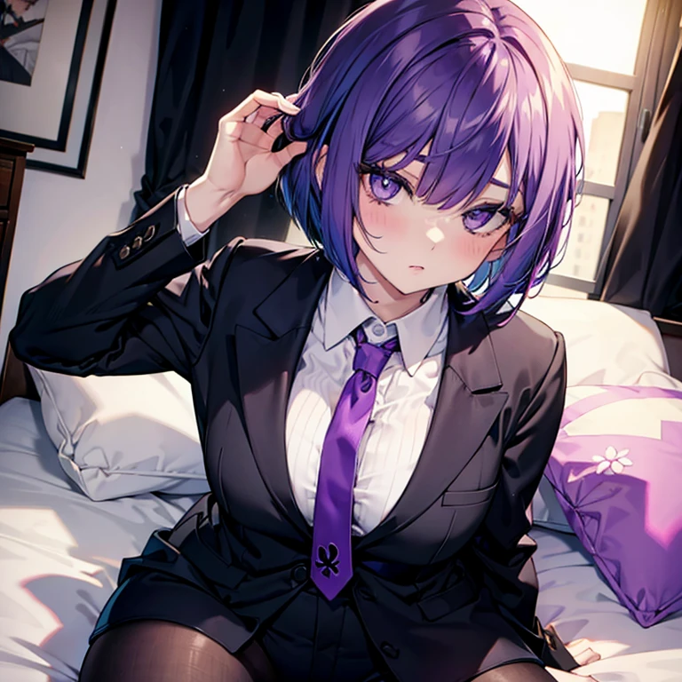 Woman with purple bob cut hair Ahegao tie wearing a black pantsuit Sitting on the bed