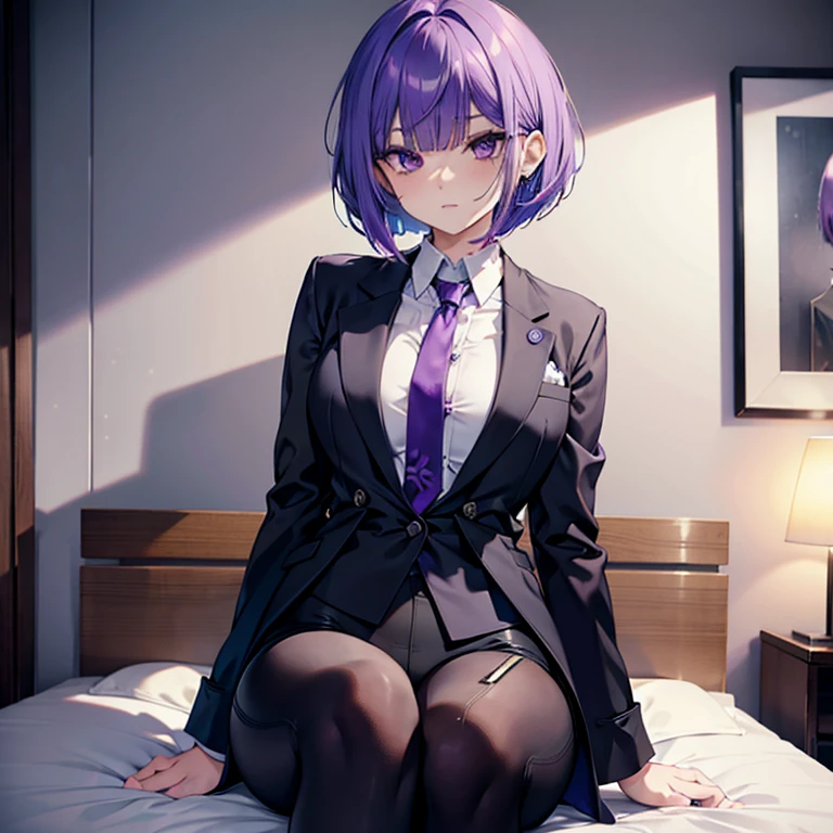 Woman with purple bob cut hair　Ahegao　tie　wearing a black pantsuit　Sitting on the bed