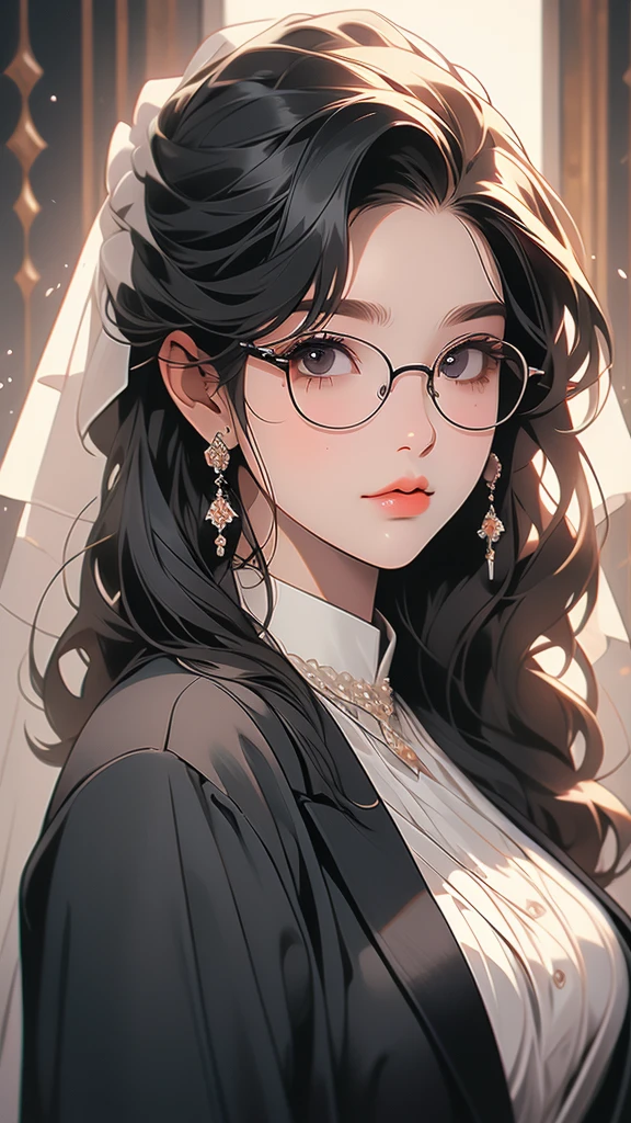 Fat girl wearing a black formal suit with sharp facial features and a mole on her left cheek, glasses and veil