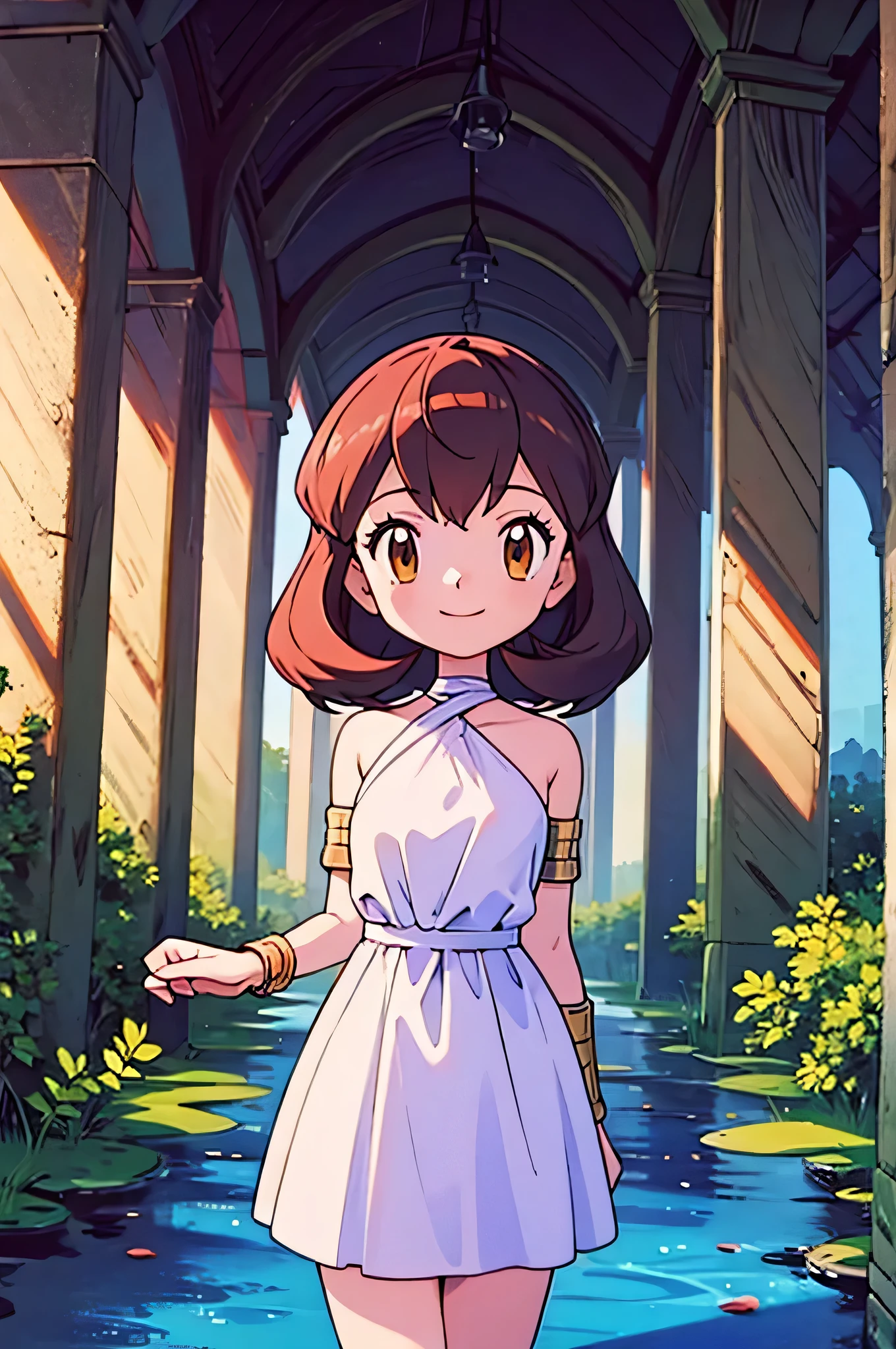masterpiece, best quality, ultra-detailed, illustration, beautiful detailed eyes, very detailed illustration, cinematic lighting, 1 girl, solo, Pokemon Heroes (Bianca), Brown Hair, brown eyes, bare shoulders, greek clothes, peplos, armlet, pillar, standing near a lake, forest, column, overgrown, vines, blue sky, arms behind back, smile, Close up, looking at viewers, far from the bottom