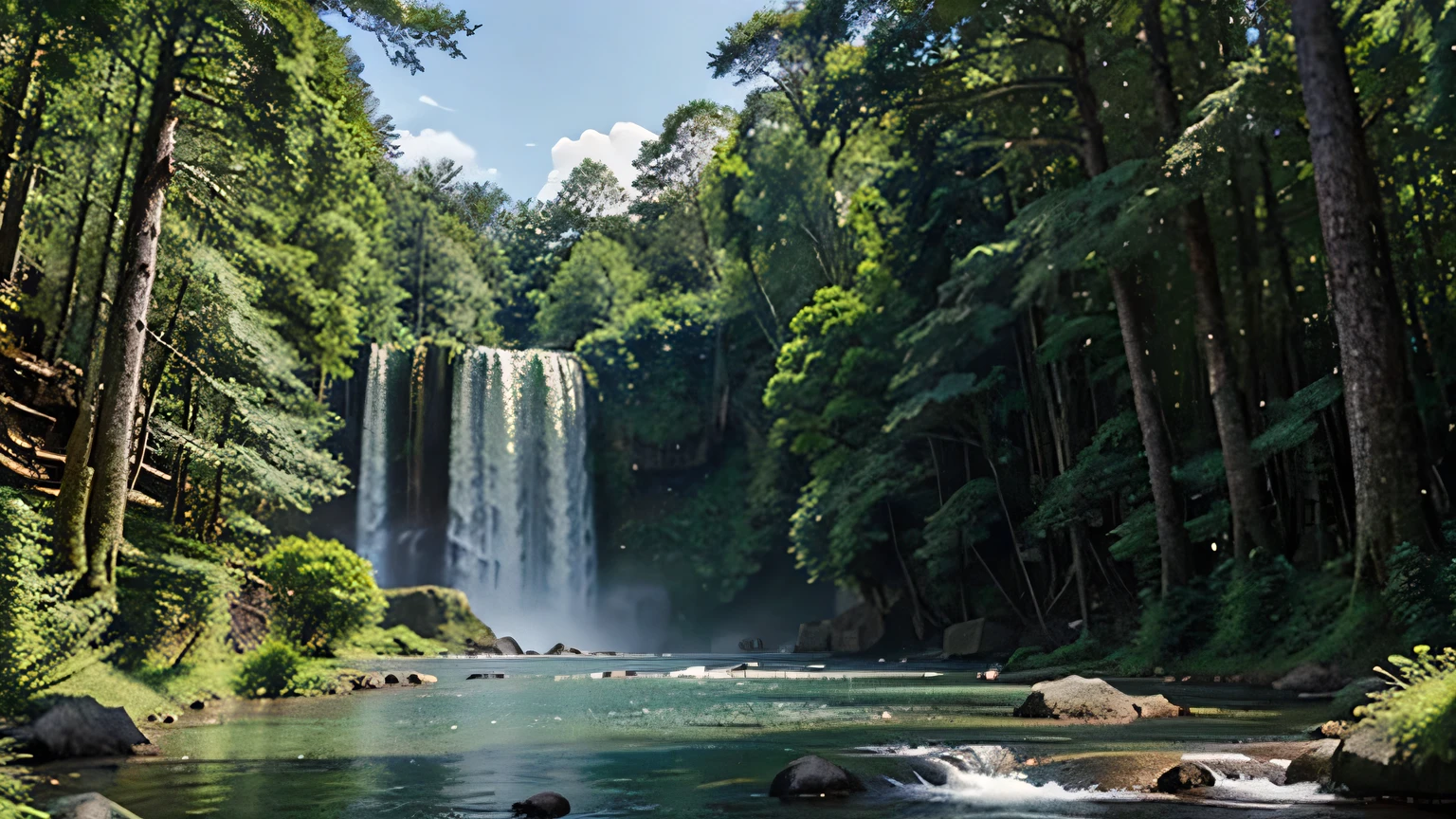 A verdant valley brimming with tall trees and a distant waterfall"