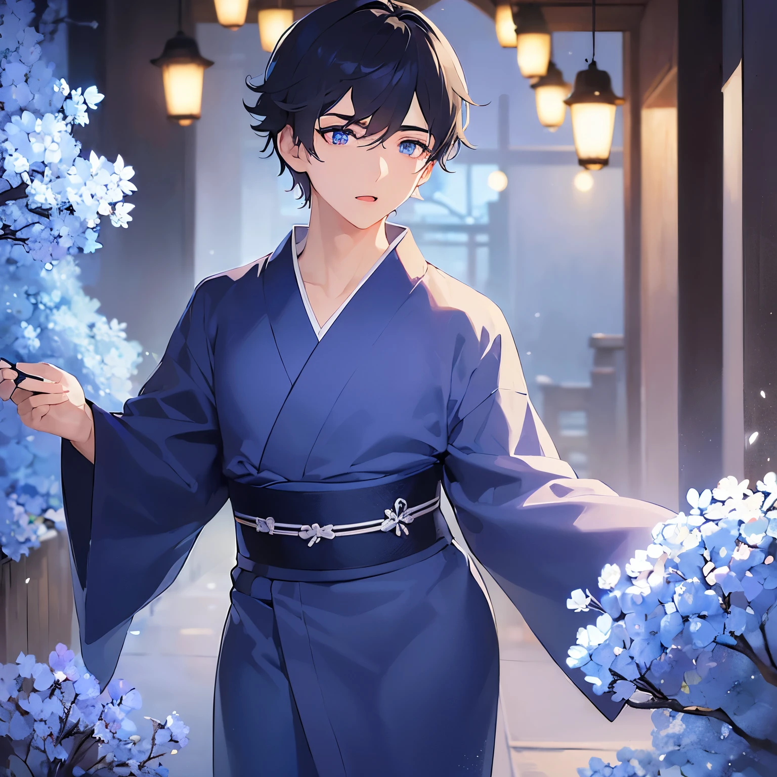 (25-year-old male) and(Black short hair) and (Blue eyes), (looking away:1.5), Shooting from below、
upper body, masterpiece、Highest quality、 (Blue) and (yukata),(wide eyes:1.5),（open mouth：1.5)慌てている,The background is a Japanese-style corridor at night