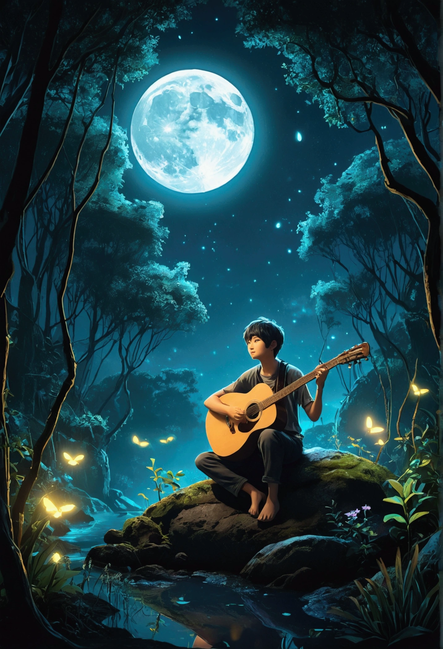 A mystical forest scene at night, with bioluminescent plants and a glowing moon. A figure is sitting on a rock, playing a guitar, surrounded by fireflies and magical creatures, estilo anime 2D, lo-fi