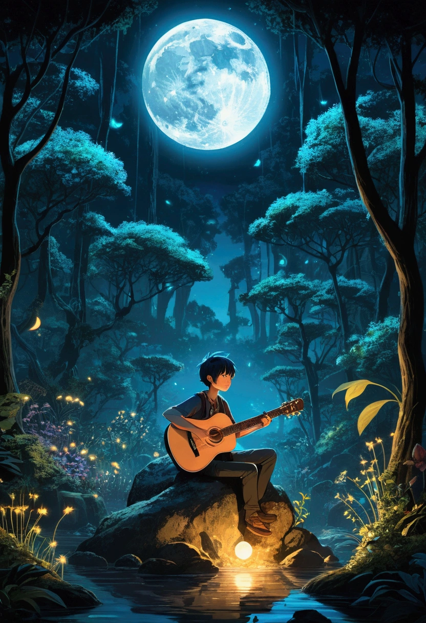 A mystical forest scene at night, with bioluminescent plants and a glowing moon. A figure is sitting on a rock, playing a guitar, surrounded by fireflies and magical creatures, estilo anime 2D, lo-fi